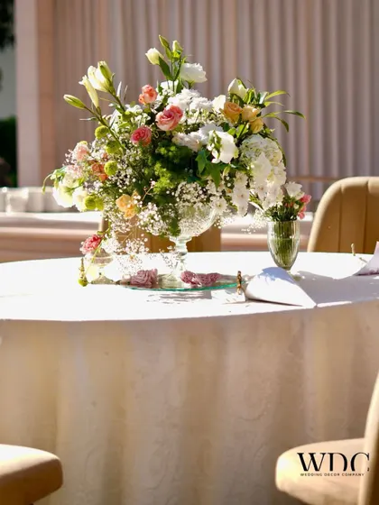 A beautiful centerpiece of lilies, hydrangeas, and roses, creating an ambiance of timeless charm and grace for the wedding celebration.