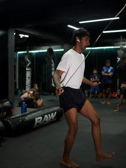 A student works on his jump rope technique, a key part of our combat conditioning warm-ups and workouts.