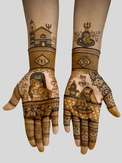 For the holy month of Sawan, I create special designs featuring Lord Shiva and Parvati. This piece shows a detailed portrait of Shiv-Parvati, a Shivling, and the sacred Om symbol, perfect for devotees.