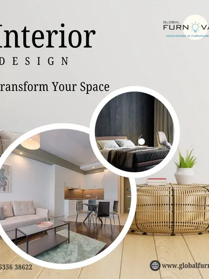 We transform spaces with our interior design expertise. This graphic showcases a modern living room and a serene bedroom.