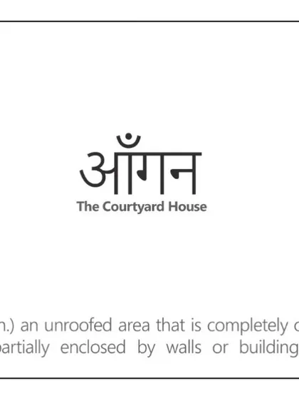 The concept of 'Aangan', or courtyard, is central to this project. This graphic explains the term, defining it as an unroofed, enclosed area that forms the social and spiritual heart of the home.