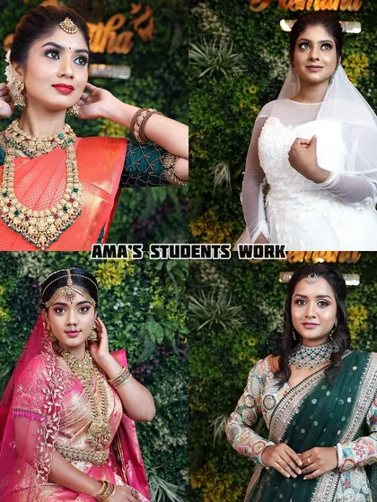A collage showcasing the variety of bridal looks our students learn to create, including South Indian, Christian, North Indian, and Muslim bridal styles.