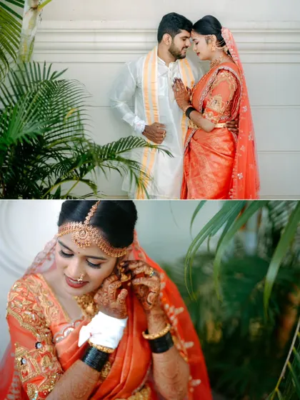 A collage featuring a romantic couple portrait and a beautiful shot of the bride getting ready, highlighting the details of her wedding attire.