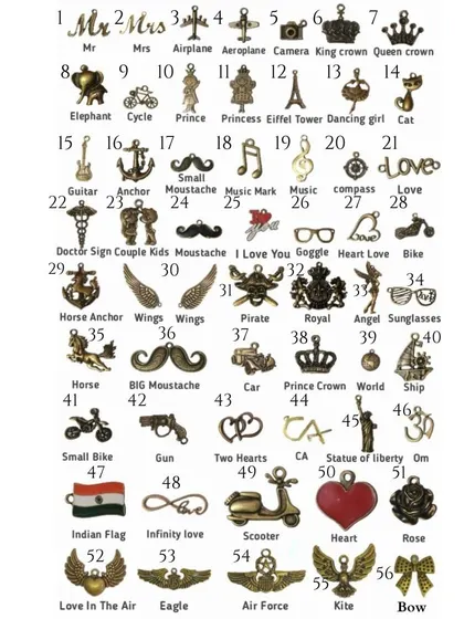 Here is another look at the charm options available for your personalized diary, pen, or other accessories.