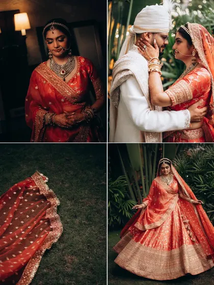 A collage of moments from Parth and Dhriti's wedding, showing details of the bride's outfit, an intimate couple portrait, and beautiful solo shots.