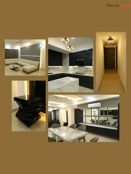 A collage of a modern minimalist project, featuring a clean-lined living room, a dramatic black and white kitchen, and a sleek dining area.