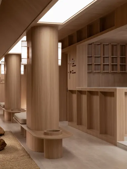 The reception and waiting area at BeWell, where curved wooden pillars and integrated benches create a soft, flowing transition space. The design uses natural materials and diffused light to immediately establish a sense of calm and welcome.