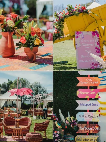 A collage of the smaller details from the Ooty Haldi, like terracotta vases, a welcome cart, and quirky signages.