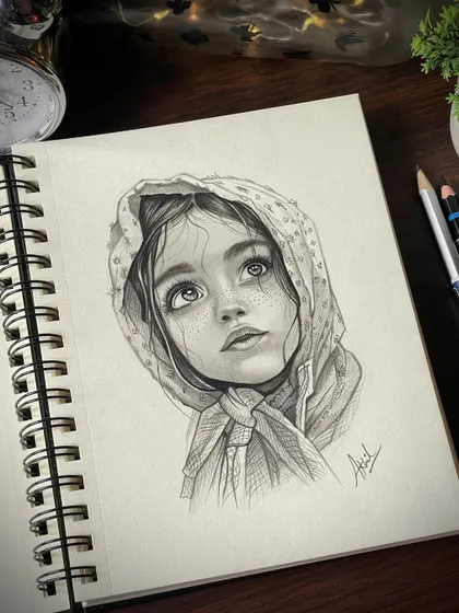 A quick, expressive sketch in my A5 sketchbook. This piece shows a more stylistic approach, focusing on emotion and light to create a powerful image of a young girl looking up.