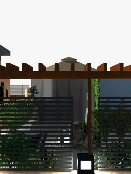 A glimpse of a project in progress as we work to meet festive season deadlines. This render shows a design with slatted privacy screens, a wooden pergola, and integrated lighting, perfect for outdoor parties.