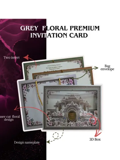 Turn your dream wedding into a royal affair with this grey floral premium invitation card, which comes in a 3D box with a matching bag.