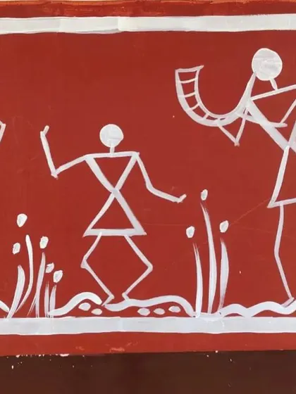 Another detail from the school mural, showing two figures playing drums while a smaller figure dances between them. This panel focuses on the theme of music and community rhythm.
