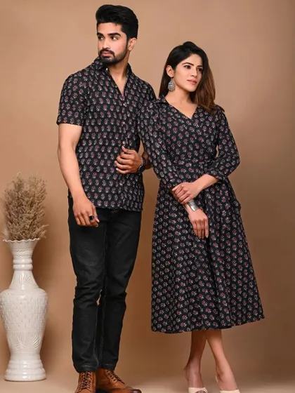 A black floral printed couple set, offering a classic and elegant coordinated look.
