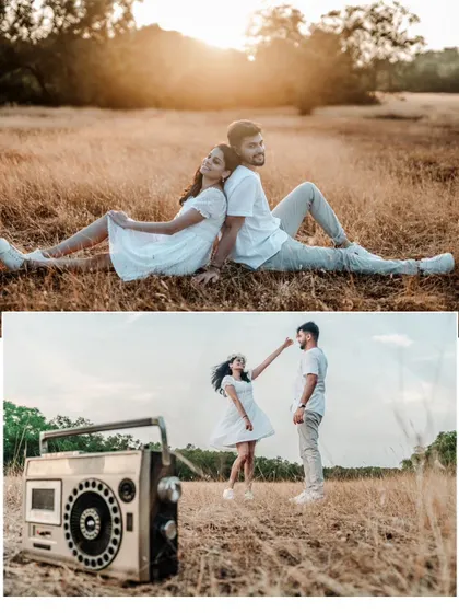 A collage capturing a serene back-to-back pose at sunset and a playful moment with a vintage boombox.