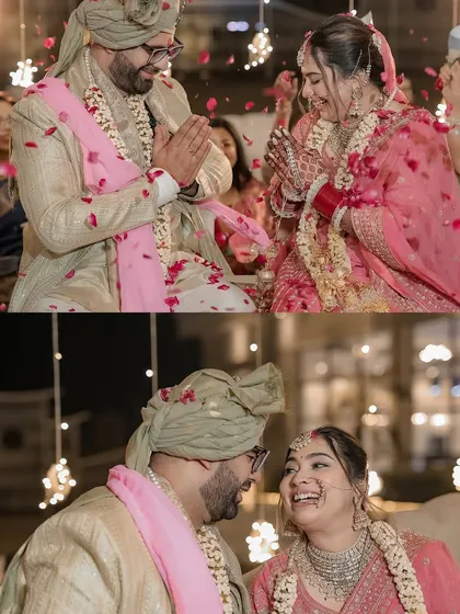 A collage of candid, happy moments from the wedding ceremony, capturing the couple's genuine smiles and laughter.