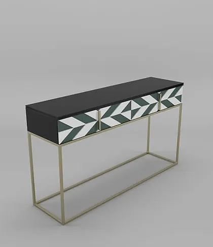 This angle highlights the clean lines of the gold-finished metal frame and the repeating chevron pattern on the three spacious drawers.