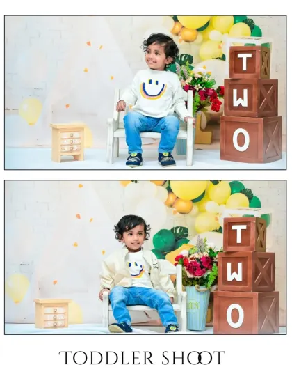 This collage shows two different outfits for a second birthday shoot, giving you an idea of the variety we can achieve in a single toddler session.
