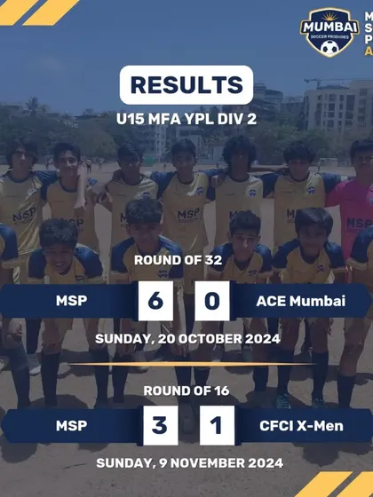 Results from the U15 YPL knockout tournament, showing 6-0 and 3-1 wins.