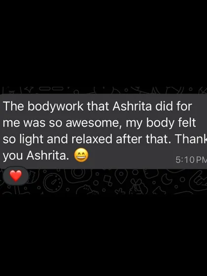 A review from a long-term client, Chinyi. She shares how the bodywork felt "so awesome" and left her feeling light and relaxed.