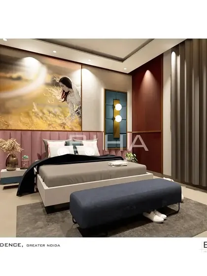From this angle, the vertical fluting on the wall adds texture and visual interest, complementing the soft drapery. The design ensures a balance between bold artistic statements and comfortable, functional living, creating a bedroom that reflects a youthful personality.