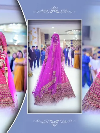 A multi-photo album layout showcasing the bride's lehenga from different angles.
