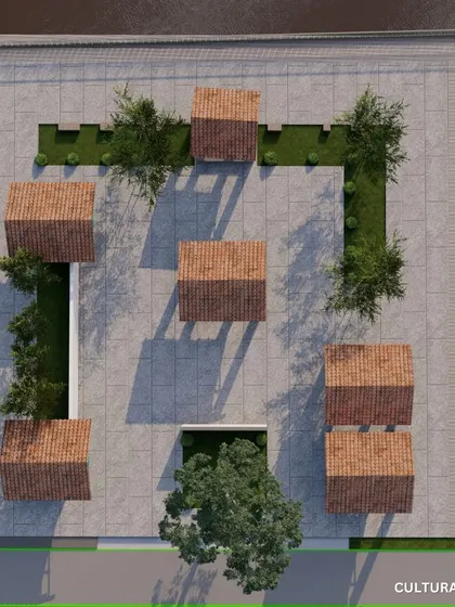 The top-down plan for the Cultural Space, showing a cluster of small pavilions arranged within a landscaped courtyard. This layout encourages exploration and intimate gatherings.