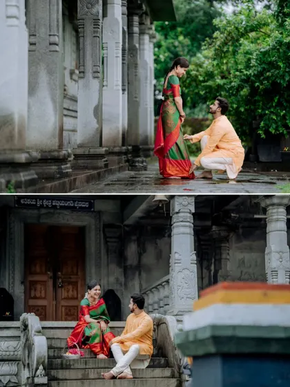 A collage capturing a playful proposal moment and a relaxed conversation on the steps of a historic temple during a pre-wedding shoot.