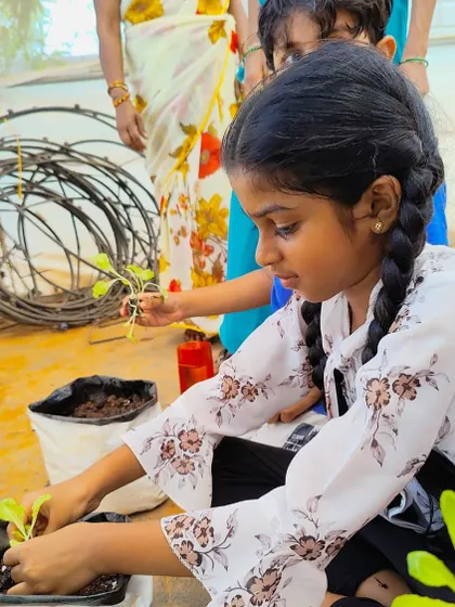 A young participant in our youth program carefully transplants a seedling. We nurture a love for farming from a young age.