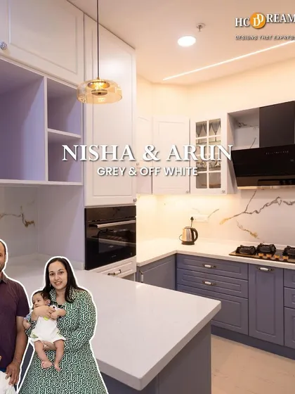 We designed this modern grey and off-white kitchen for Nisha and Arun's family. It was a joy to create a functional and stylish space for them to make memories together.