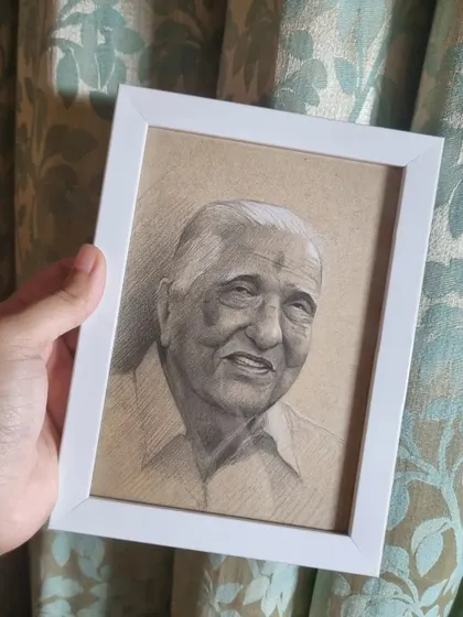 A quick, freehand A5 commissioned portrait on toned tan paper. These smaller sketches are perfect for capturing a likeness with an artistic touch.