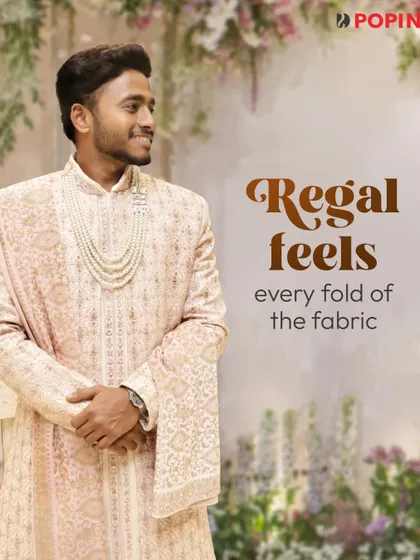 You can feel the quality in every fold of the fabric. This is a close-up of one of my premium sherwanis, showing the detailed embroidery and the elegant pearl mala accessory that completes the groom's ensemble.