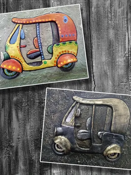 More examples of auto-rickshaw relief art, showing different color schemes and finishes, from colorful and quirky to a classic bronze look.