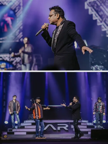 A diptych showing A.R. Rahman performing with other renowned artists on stage, a true celebration of musical collaboration.