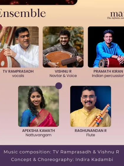 The ensemble of artists for our production "Matr̥," featuring vocals, Navtar, percussion, and flute. The music was specially composed by T.V. Ramprasadh and Vishnu R.