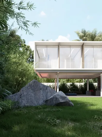 This clubhouse in Hyderabad is designed as a light, open-air oasis. The structure is lifted off the ground, allowing the landscape and a shallow water body to flow underneath, creating flexible, shaded spaces for social interaction and recreation.