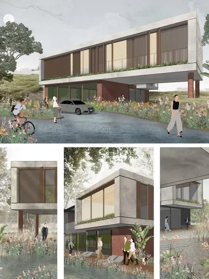 A concept collage for an upcoming peri-urban retreat in Khalapur. This 6,500 sq ft clubhouse is designed to intertwine seamlessly with the surrounding landscape, blurring the lines between the built and natural environment.