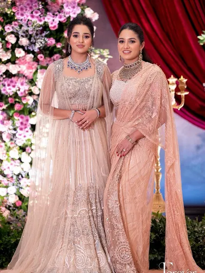 A stunning mother-daughter duo at an engagement. I created a soft, dewy, and glamorous look for the sister of the bride to complement her elegant Tarun Tahiliani saree.
