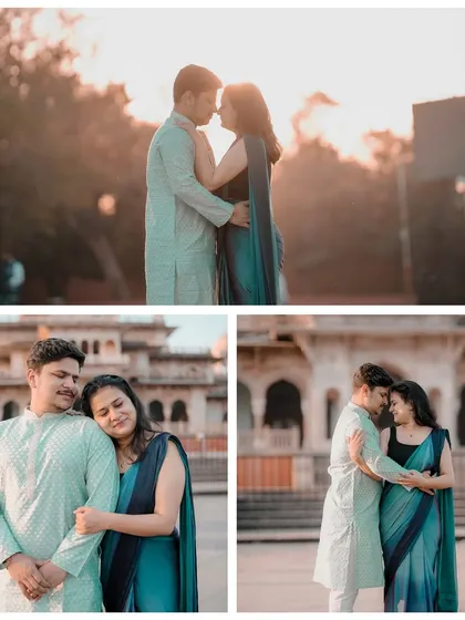 Golden hour portraits taken near a heritage building in Jaipur. The warm light enhances the romance of the moment, from a gentle embrace to a loving gaze.