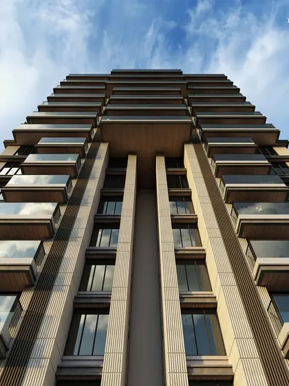 Another perspective of the Pali Mala Road tower, showcasing the strong geometry and rhythmic facade. The soaring crown at the top adds a final touch of grandeur to this sophisticated structure.