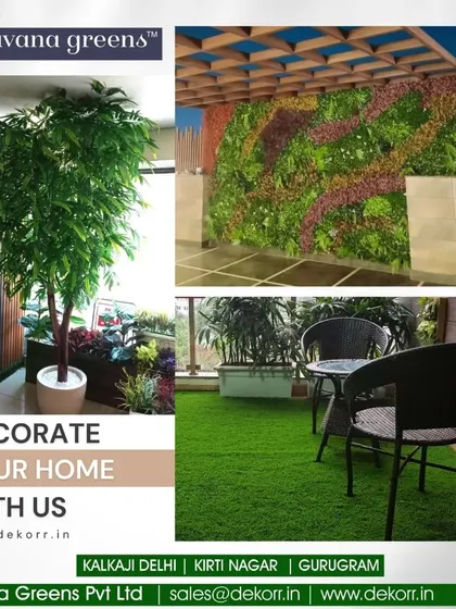 Decorate your home with us. This image collage shows how our products, including artificial trees, vertical gardens, and artificial grass, can be combined to create a complete and beautiful home decor solution.