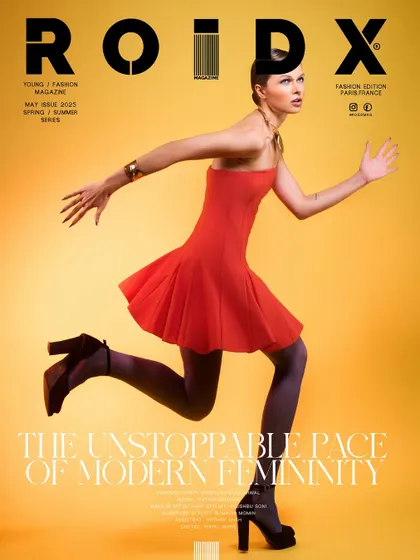 The cover of Roidx Magazine, capturing the theme "The Unstoppable Pace of Modern Femininity" with a powerful, in-motion shot.