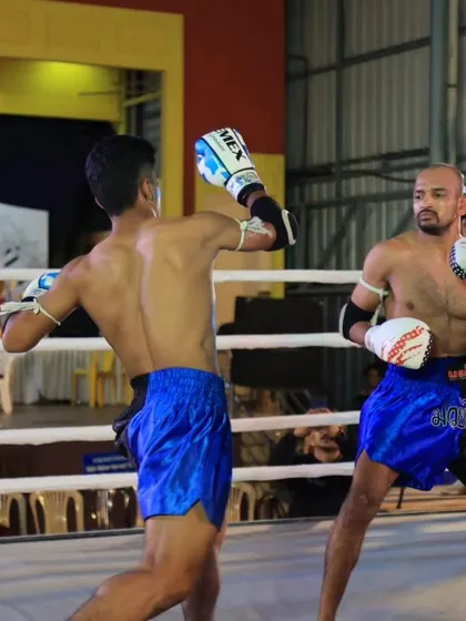 An action shot from the THAI Battle, showing sharp defense and counter-striking technique.