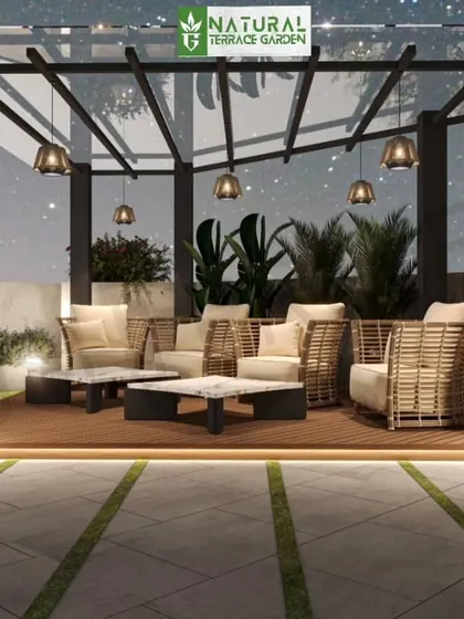 A proposed terrace design for a starry night. This render showcases a glass-roofed pergola with elegant pendant lights, creating a magical ambiance for evening relaxation.