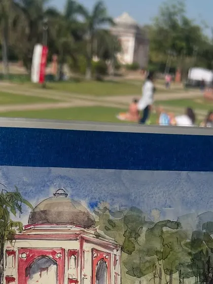 My sketchbook open to the Sunder Nursery painting, taped and ready for watercolor. The setting is just as inspiring as the subject.
