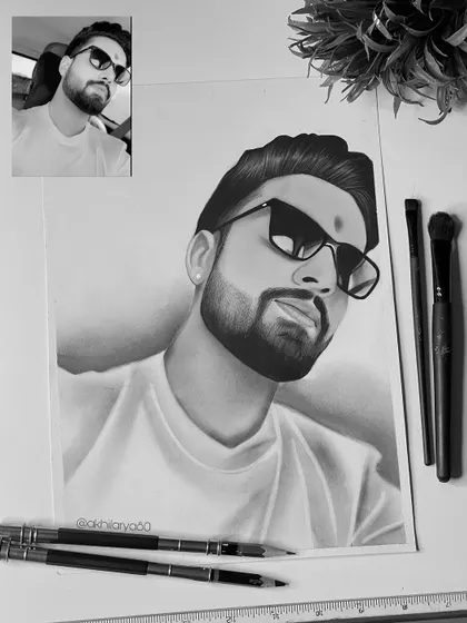 A stylish selfie captured in a sharp A4 black and white sketch. The contrast is high in this piece, emphasizing the sunglasses and the confident pose.