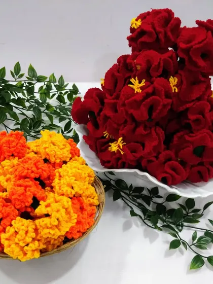 A bulk order I recently completed, featuring yellow and orange Zendu flowers and red Jasvand flowers. It was a great pleasure to work on such a colorful project.