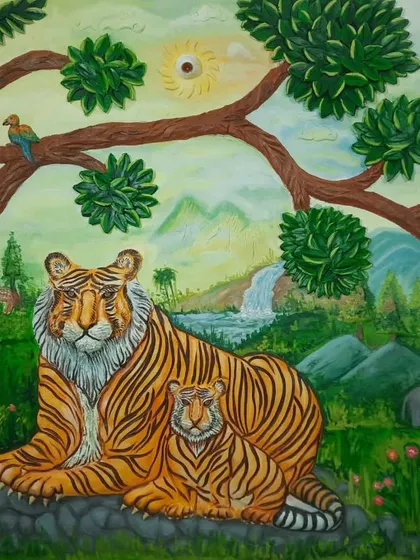 A vibrant, fully painted mural depicting a tigress and her cub in a lush landscape. This shows how my 3D cement art can be transformed with color, creating a rich, story-filled scene that becomes the focal point of any space.