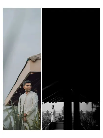 A creative black and white diptych of the groom, playing with frames and shadows.