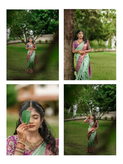 A collage of the bride in her engagement saree, playing with a leaf. These shots are both playful and elegant, capturing her connection with nature.