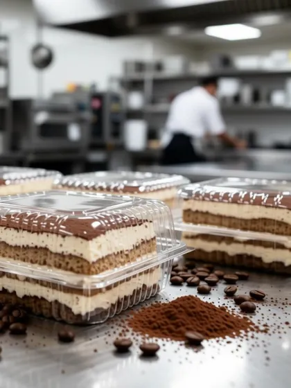 Layered desserts sit in clear takeaway containers in our café-menu catalogue, with the coffee-coloured layers visible through the boxes.